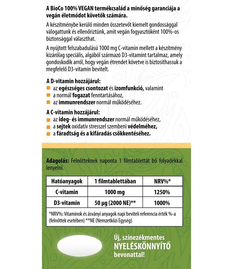 BioCo 100% VEGAN C+D Duo C-vitamin 1000mg + alga D3-vitamin filmtabletta - 90db 2 BioCo 100% VEGAN C+D Duo C-vitamin 1000mg + alga D3-vitamin filmtabletta - 90db - Image 2