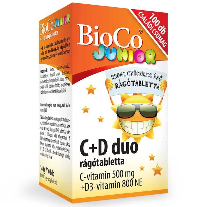BioCo C+D Duo Junior erdei gyümölcs ízű rágótabletta – 100db 1 BioCo C+D duo C-vitamin 500 mg + D-vitamin 800 NE Junior rágótabletta - 100db