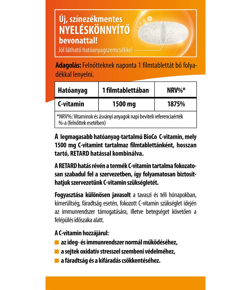 BioCo Mega C-vitamin 1500mg RETARD filmtabletta - 100db 2 BioCo Mega C-vitamin 1500mg RETARD filmtabletta - 100db - Image 2