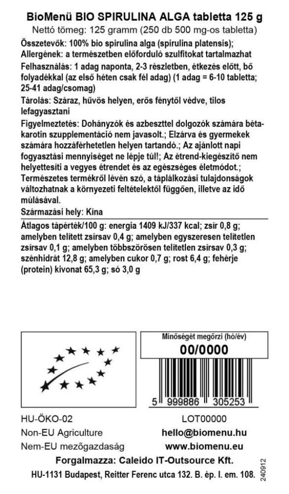 BioMenü Bio Spirulina algatabletta - 125g 2 BioMenü Bio Spirulina algatabletta - 125g - Image 2