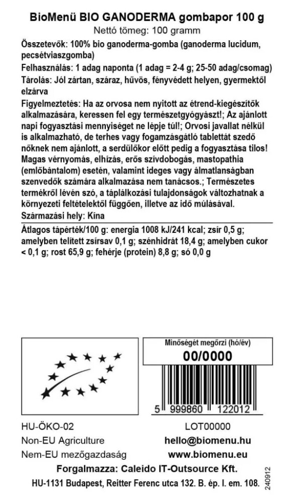 Biomenü Bio Ganoderma gombapor - 100g 2 Biomenü Bio Ganoderma gombapor - 100g - Image 2