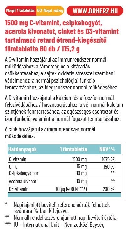 Dr. Herz C-vitamin 1500mg + D3+Cink RETARD filmtabletta – 60db 2 Dr. Herz C-vitamin 1500mg + D3+Cink RETARD filmtabletta – 60db - Image 2