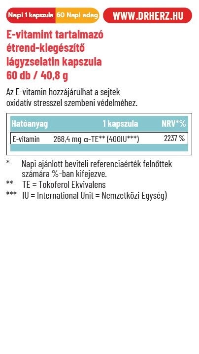 Dr. Herz E-vitamin 400IU lágyzselatin kapszula - 60db 2 Dr. Herz E-vitamin 400IU lágyzselatin kapszula - 60db - Image 2