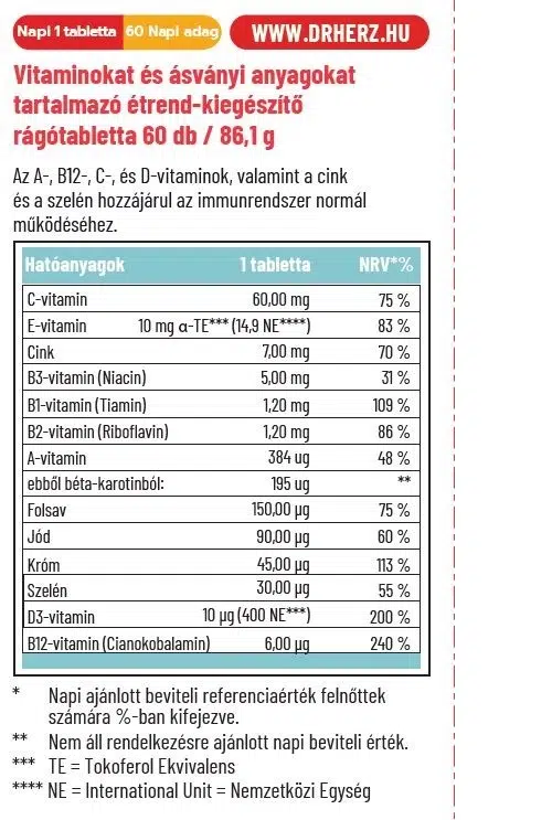 Dr. Herz gyerek multivitamin + D-vitamin rágótabletta - 60db 3 Dr. Herz gyerek multivitamin + D-vitamin rágótabletta - 60db - Image 3