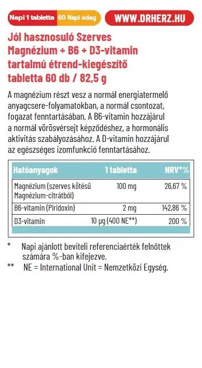 Dr. Herz Szerves Magnézium+B6+D3-vitamin tabletta - 60db 2 Dr. Herz Szerves Magnézium+B6+D3-vitamin tabletta - 60db - Image 2