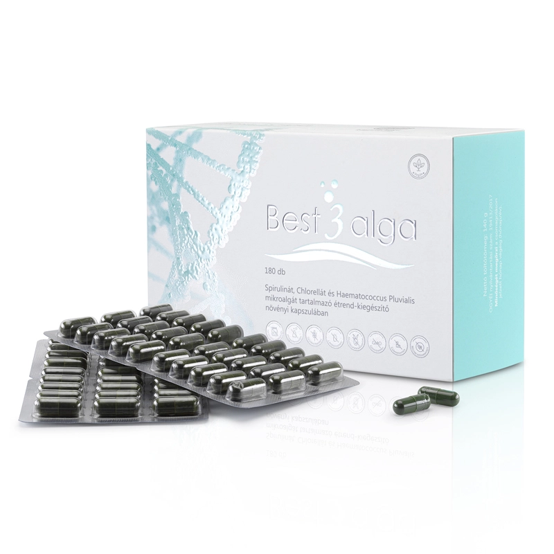 Best3alga Spirulina, Chlorella és Haematococcus Pluvialis alga kapszula Asztaxanthinnal - 180db 1 Best3alga Spirulina, Chlorella és Haematococcus Pluvialis alga kapszula Asztaxanthinnal - 180db
