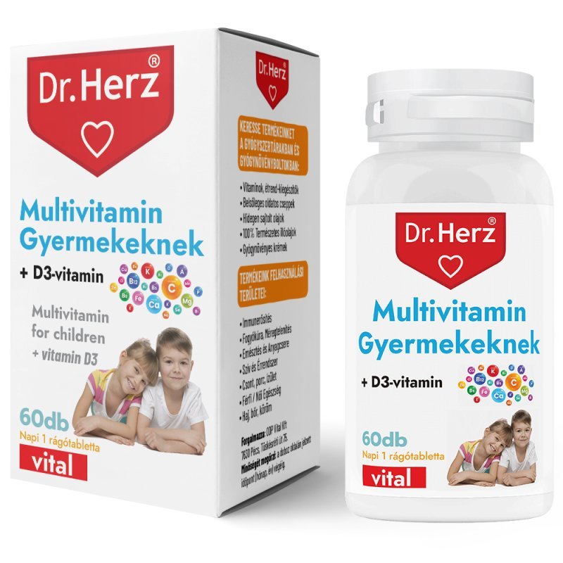Dr. Herz gyerek multivitamin + D-vitamin rágótabletta - 60db 1 Dr. Herz gyerek multivitamin + D-vitamin rágótabletta - 60db