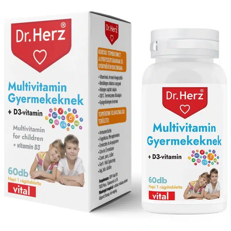 Dr. Herz gyerek multivitamin + D-vitamin rágótabletta - 60db 1 Dr. Herz gyerek multivitamin + D-vitamin rágótabletta - 60db