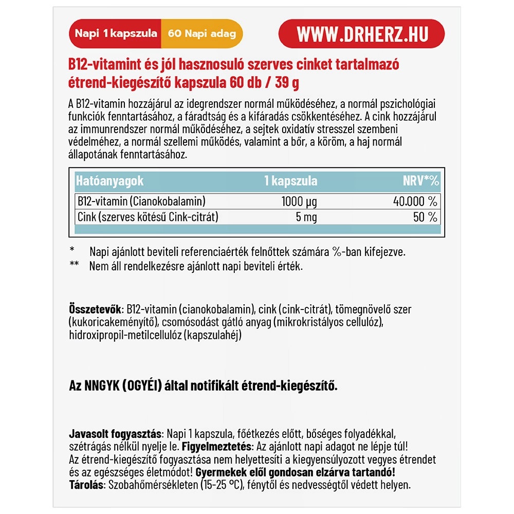Dr. Herz B12-vitamin 1000 mcg + Szerves Cink kapszula - 60db 2 Dr. Herz B12-vitamin 1000 mcg + Szerves Cink kapszula - 60db - Image 2