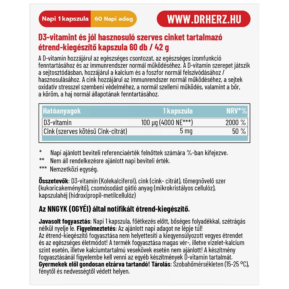 Dr. Herz D3-vitamin Forte 4000NE + Szerves Cink kapszula - 60db 2 Dr. Herz D3-vitamin Forte 4000NE + Szerves Cink kapszula - 60db - Image 2