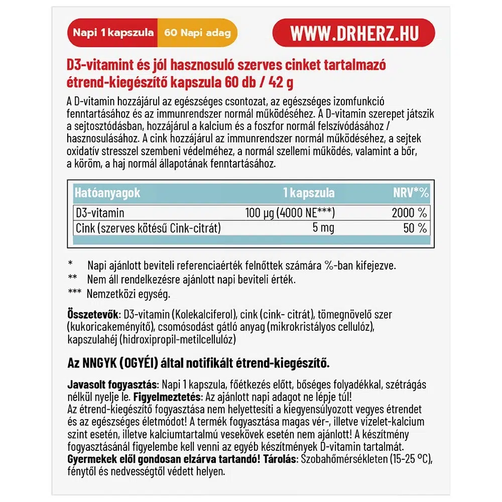 Dr. Herz D3-vitamin Forte 4000NE + Szerves Cink kapszula - 60db 2 Dr. Herz D3-vitamin Forte 4000NE + Szerves Cink kapszula - 60db - Image 2