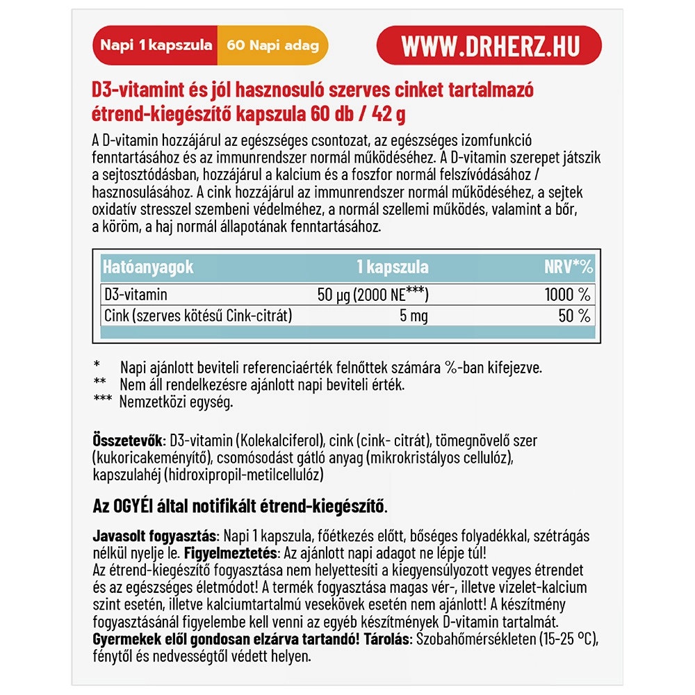 Dr. Herz D3-vitamin 2000NE + Szerves Cink kapszula - 60db 2 Dr. Herz D3-vitamin 2000NE + Szerves Cink kapszula - 60db - Image 2