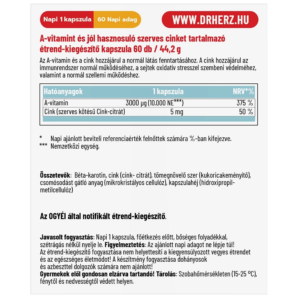 Dr. Herz A-vitamin 10000NE + Szerves Cink kapszula - 60db 2 Dr. Herz A-vitamin 10000NE + Szerves Cink kapszula - 60db - Image 2