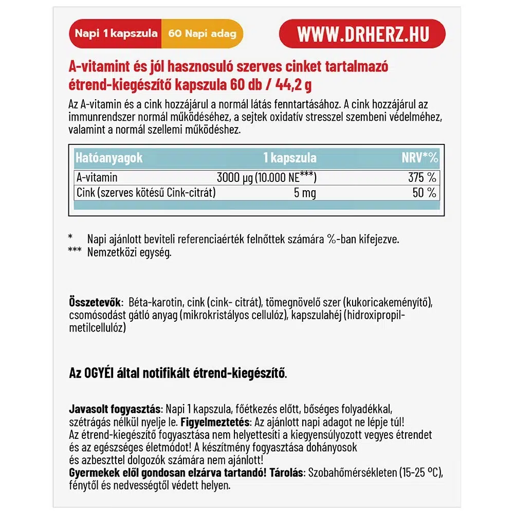 Dr. Herz A-vitamin 10000NE + Szerves Cink kapszula - 60db 2 Dr. Herz A-vitamin 10000NE + Szerves Cink kapszula - 60db - Image 2