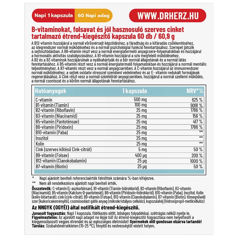 Dr. Herz B-Komplex Max+C-vitamin+Inozitol+Szerves Cink kapszula - 60db 2 Dr. Herz B-Komplex Max+C-vitamin+Inozitol+Szerves Cink kapszula - 60db - Image 2