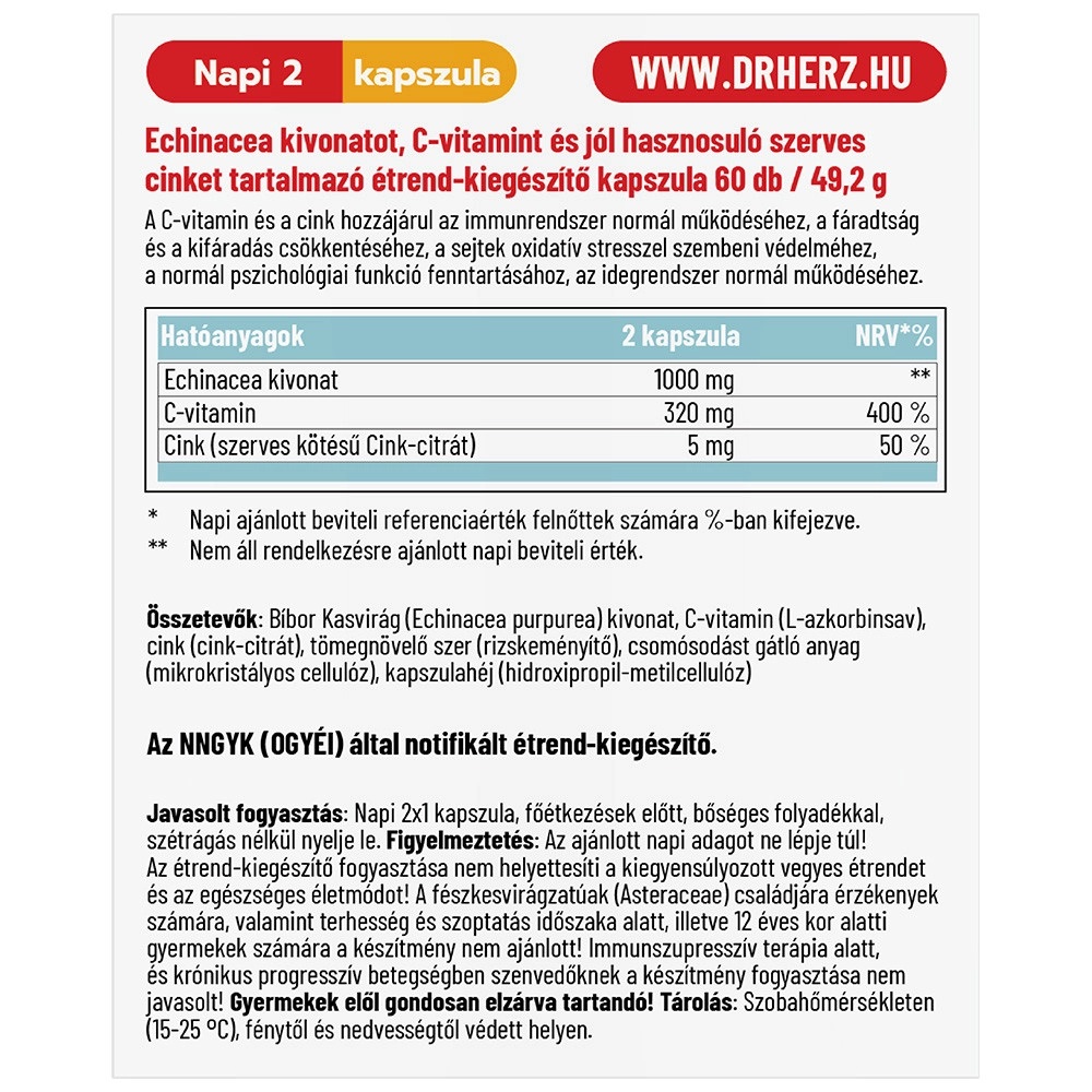 Dr. Herz Echinacea 500 mg+C-vitamin+Szerves Cink kapszula - 60db 2 Dr. Herz Echinacea 500 mg+C-vitamin+Szerves Cink kapszula - 60db - Image 2