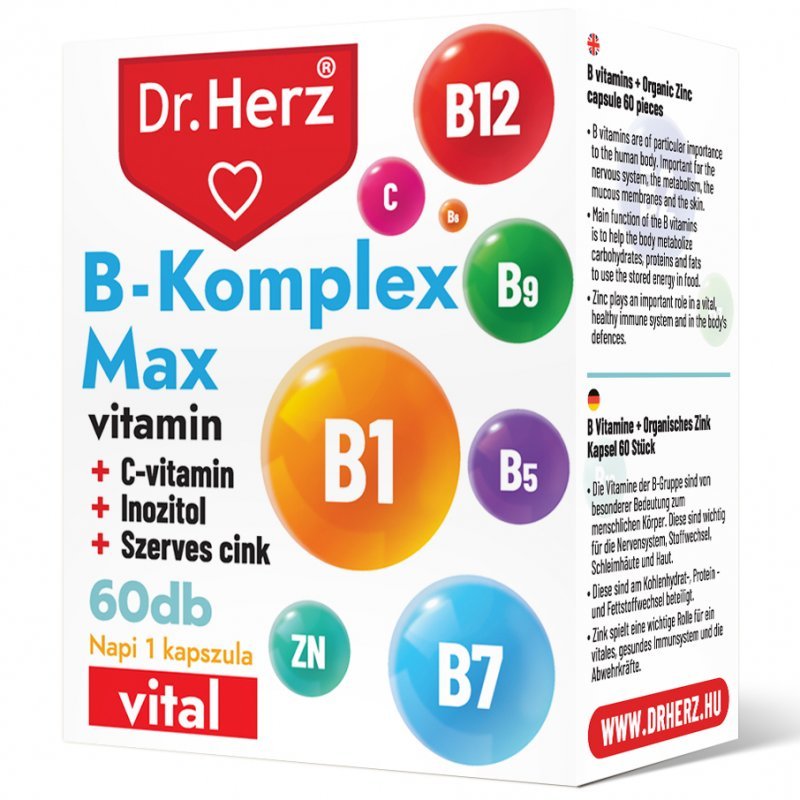 Dr. Herz B-Komplex Max+C-vitamin+Inozitol+Szerves Cink kapszula - 60db 1 Dr. Herz B-Komplex Max+C-vitamin+Inozitol+Szerves Cink kapszula - 60db