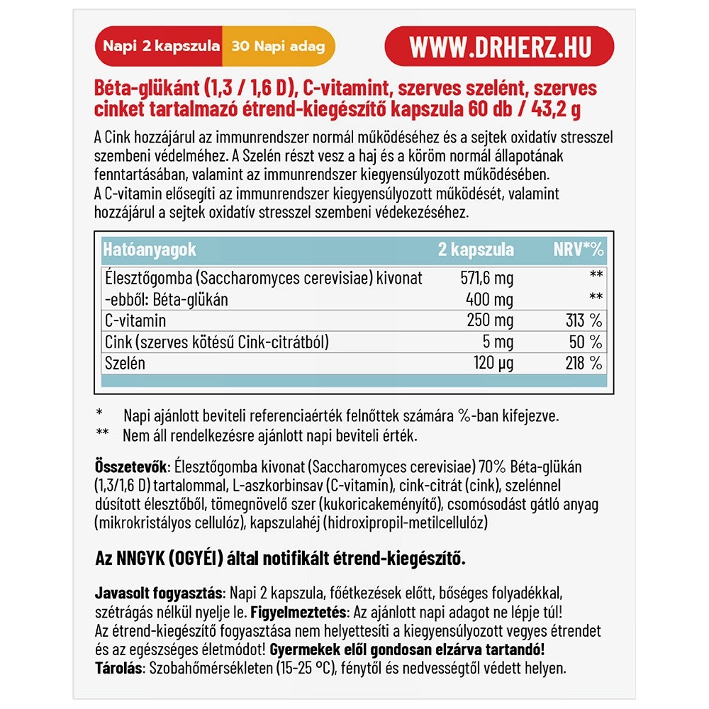 Dr. Herz Béta-Glükán+Szerves Cink, Szelén+C-vitamin kapszula - 60db 2 Dr. Herz Béta-Glükán+Szerves Cink, Szelén+C-vitamin kapszula - 60db - Image 2