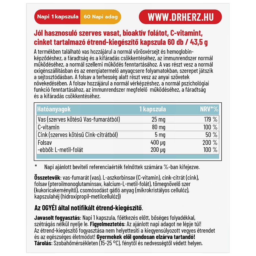 Dr. Herz Szerves Vas komplex+C-vitamin+Szerves Cink+Folát kapszula - 60db 2 Dr. Herz Szerves Vas komplex+C-vitamin+Szerves Cink+Folát kapszula - 60db - Image 2