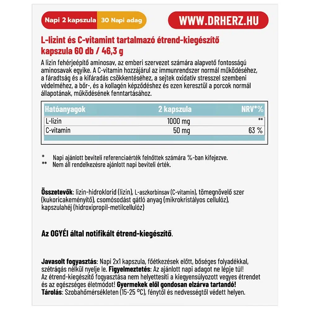 Dr. Herz Lysine - HCL + C-vitamin kapszula - 60db 2 Dr. Herz Lysine - HCL + C-vitamin kapszula - 60db - Image 2