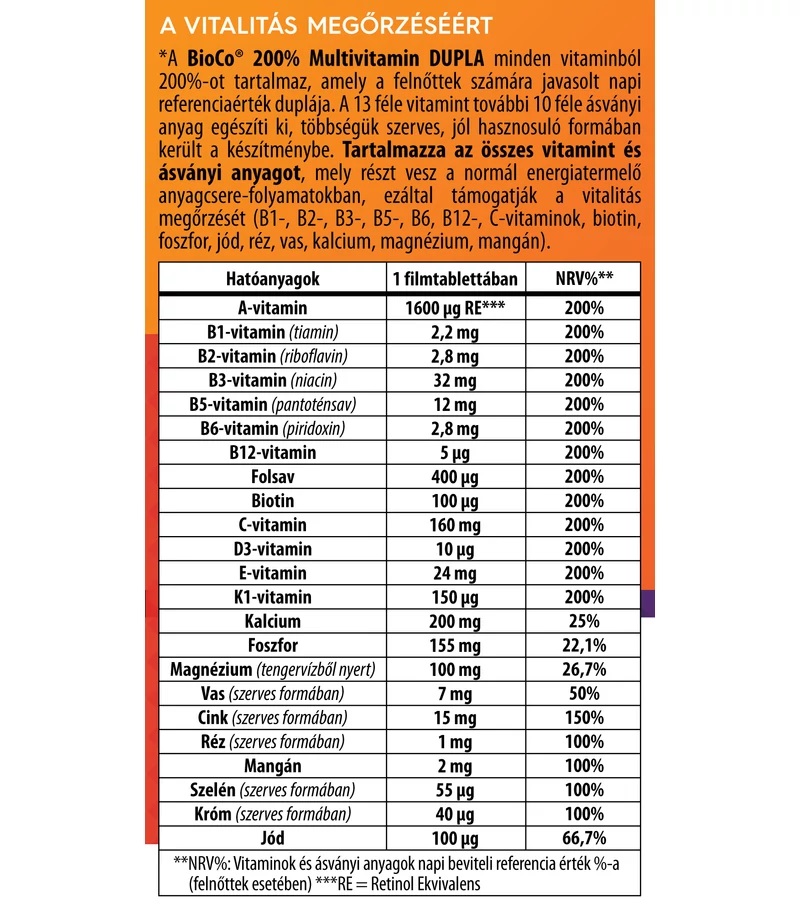 BioCo 200% Vitality Multivitamin Dupla filmtabletta - 100db 2 BioCo 200% Vitality Multivitamin Dupla filmtabletta - 100db - Image 2