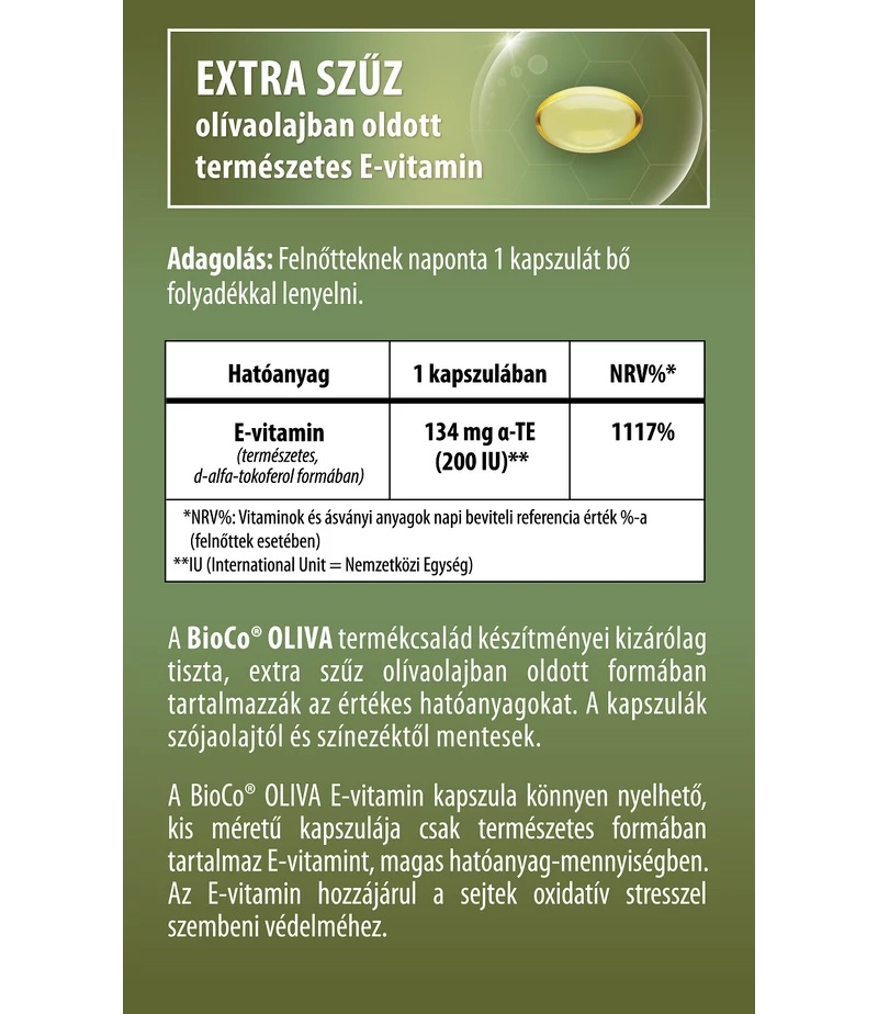 BioCo OLIVA Természetes E-vitamin 200 IU lágyzselatin kapszula - 60db 2 BioCo OLIVA Természetes E-vitamin 200 IU lágyzselatin kapszula - 60db - Image 2