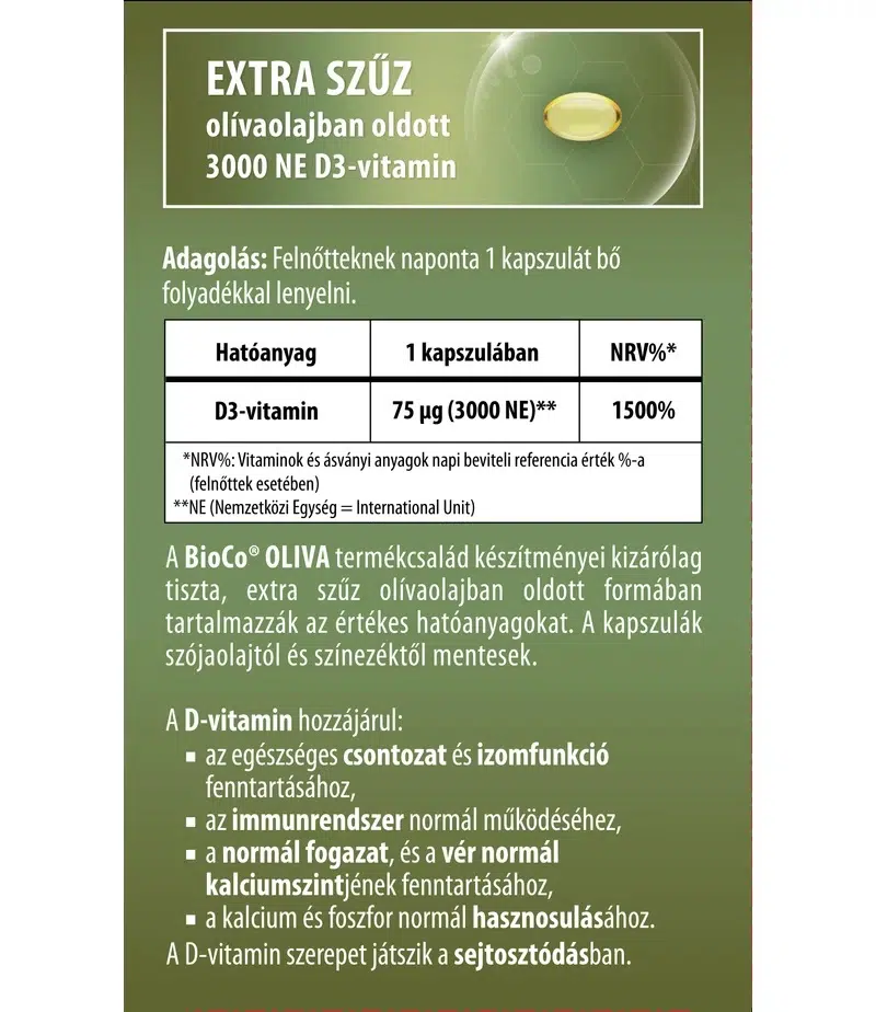 BioCo Oliva D3-vitamin 3000NE lágyzselatin kapszula - 60db 2 BioCo Oliva D3-vitamin 3000NE lágyzselatin kapszula - 60db - Image 2