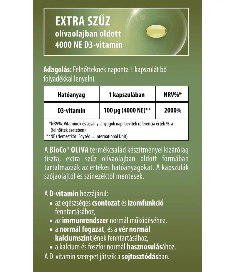BioCo Oliva D3-vitamin Forte 4000NE lágyzselatin kapszula - 60db 2 BioCo Oliva D3-vitamin Forte 4000NE lágyzselatin kapszula - 60db - Image 2