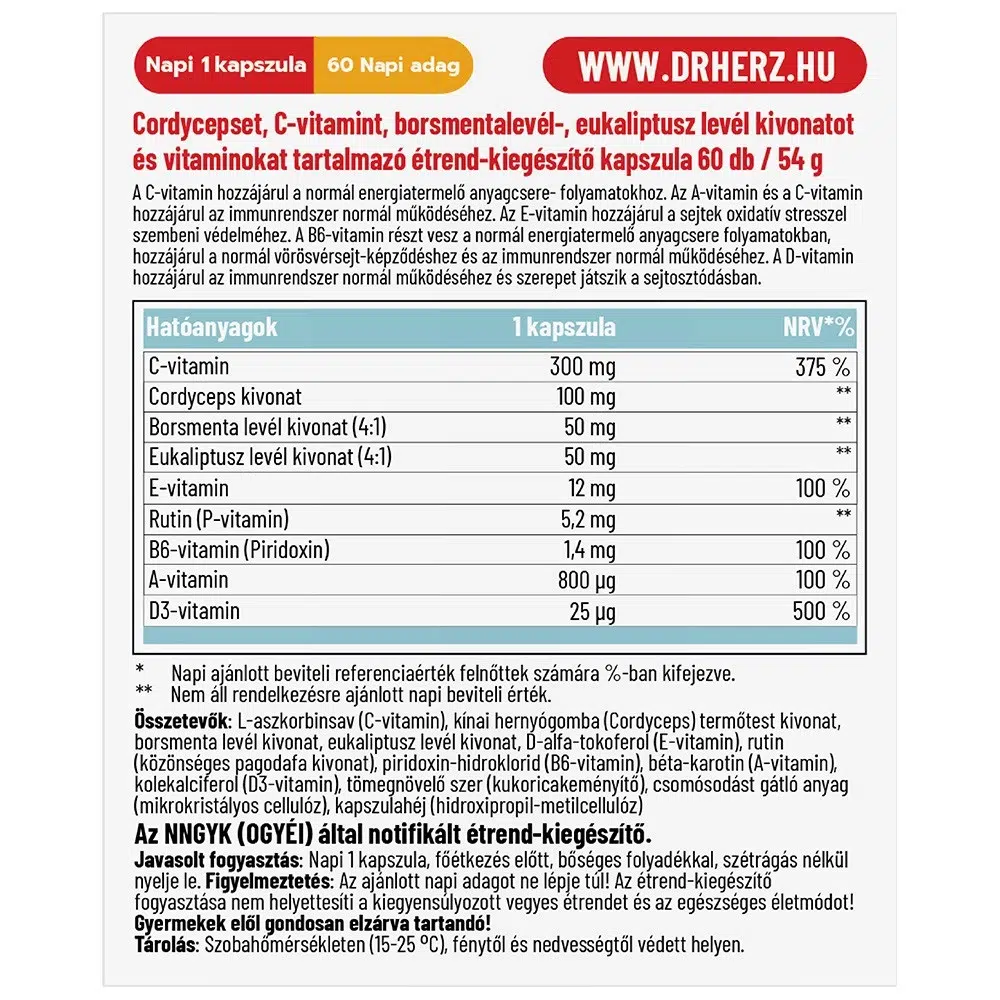 Dr. Herz Cordyceps Plus + C-vitamin kapszula - 60db 2 Dr. Herz Cordyceps Plus + C-vitamin kapszula - 60db - Image 2