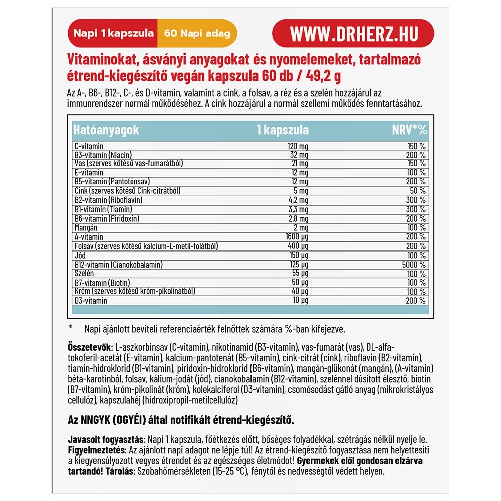 Dr. Herz Vegan Multivitamin komplex kapszula - 60db 2 Dr. Herz Vegan Multivitamin komplex kapszula - 60db - Image 2