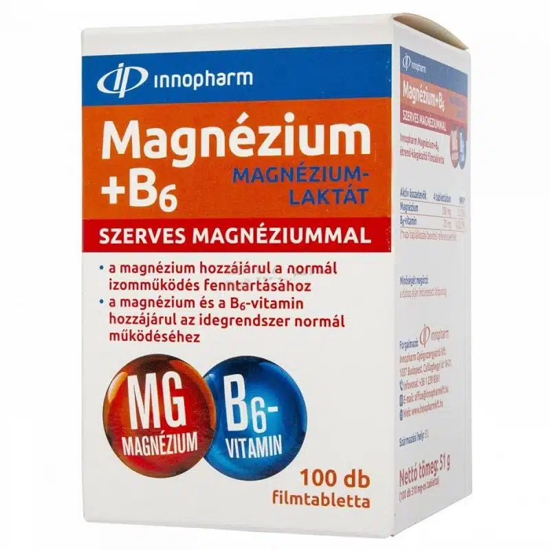 InnoPharm Magnézium-laktát + B6-vitamin filmtabletta - 100db 1 InnoPharm Magnézium-laktát + B6-vitamin filmtabletta - 100db