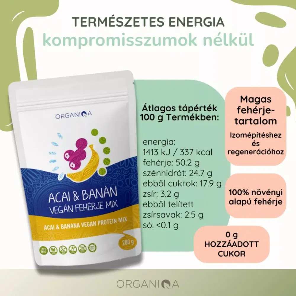 Organiqa 100% bio acai-banán vegán fehérje mix - 200g 2 Organiqa 100% bio acai-banán vegán fehérje mix - 200g - Image 2