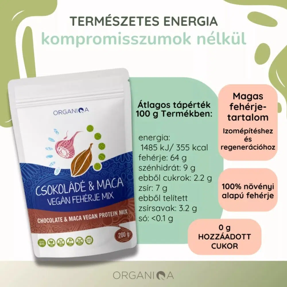 Organiqa 100% bio csokoládé-maca vegán fehérje mix - 200g 7 Organiqa 100% bio csokoládé-maca vegán fehérje mix - 200g - Image 7