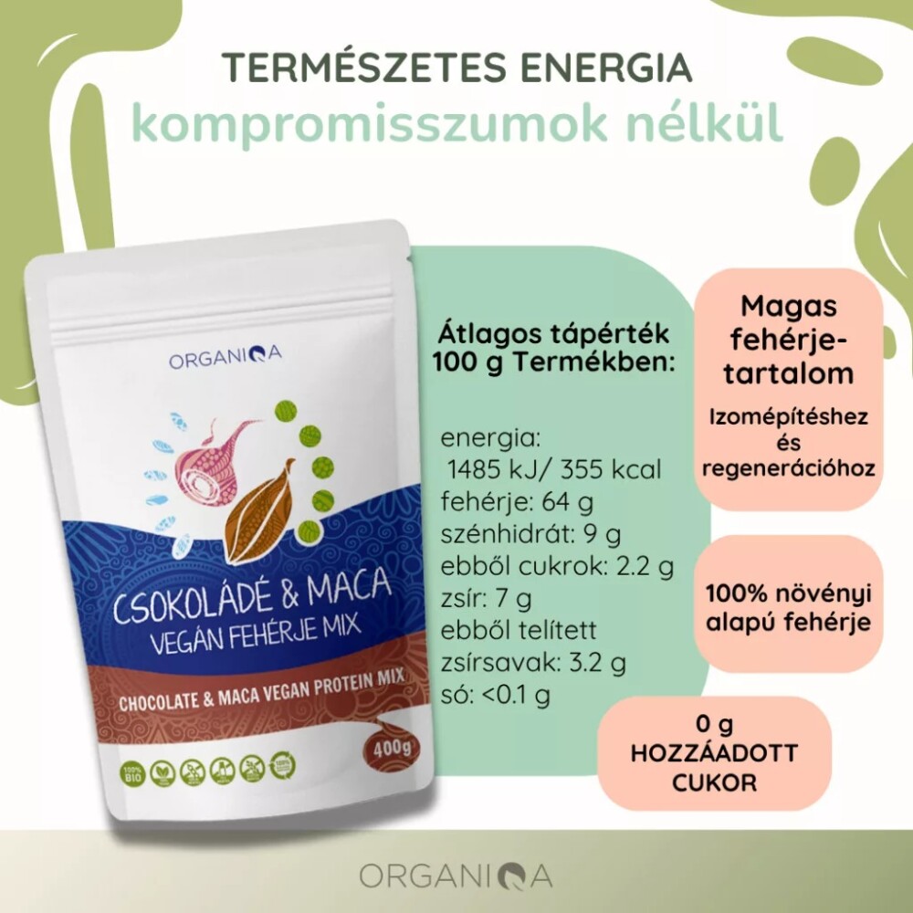 Organiqa 100% bio csokoládé-maca vegán fehérje mix - 400g 6 Organiqa 100% bio csokoládé-maca vegán fehérje mix - 400g - Image 6