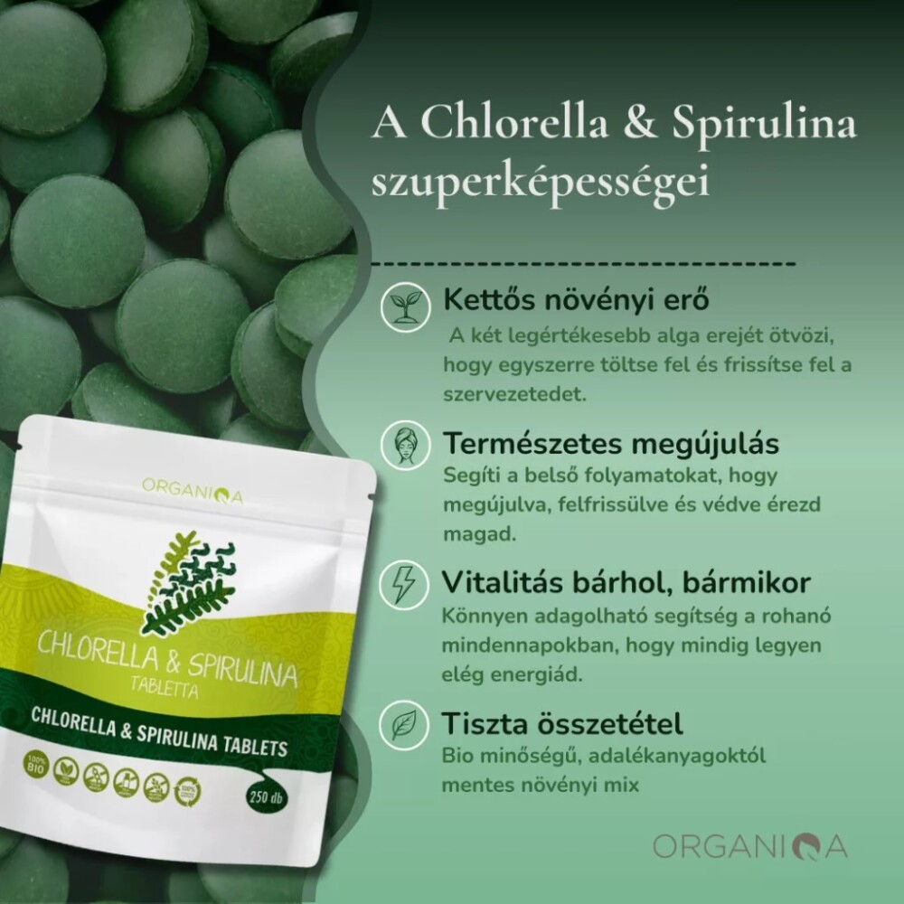Organiqa Bio Chlorella és Spirulina tabletta - 250db 2 Organiqa Bio Chlorella és Spirulina tabletta - 250db - Image 2
