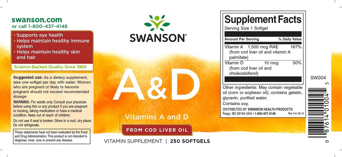 Swanson A-vitamin és D-vitamin halolajból kapszula - 250db 2 Swanson A-vitamin és D-vitamin halolajból kapszula - 250db - Image 2