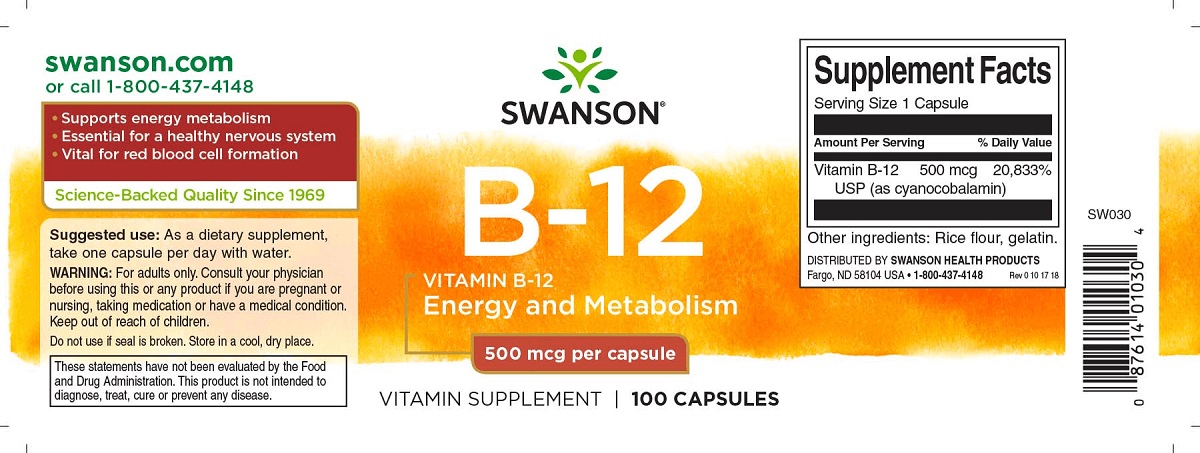 Swanson B12-vitamin kapszula - 100db 2 Swanson B12-vitamin kapszula - 100db - Image 2