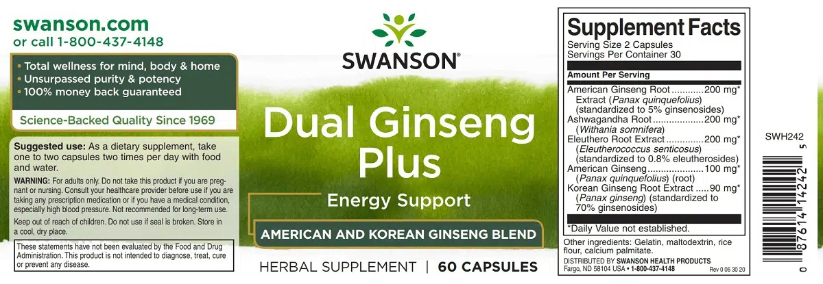 Swanson Dual Ginseng (Ginzeng) Plus kapszula - 60db 2 Swanson Dual Ginseng (Ginzeng) Plus kapszula - 60db - Image 2