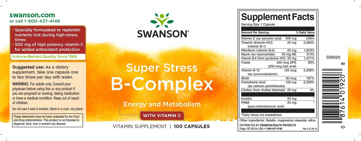 Swanson Super Stress B-Complex kapszula - 100db 2 Swanson Super Stress B-Complex kapszula - 100db - Image 2