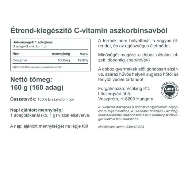VitaKing Aszkorbinsav + C-vitamin por - 160g 2 VitaKing Aszkorbinsav + C-vitamin por - 160g - Image 2