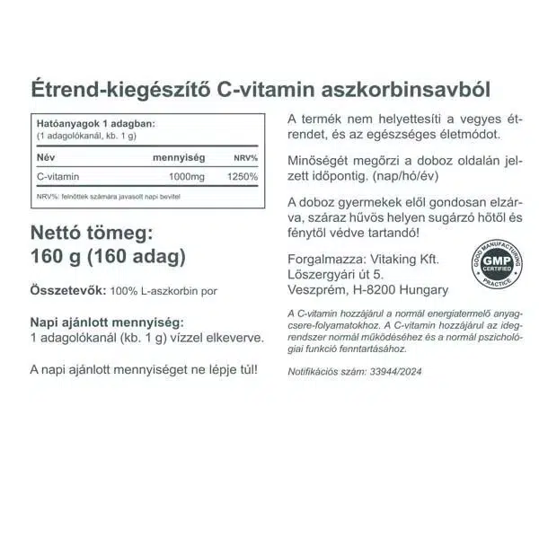 VitaKing Aszkorbinsav + C-vitamin por - 160g 2 VitaKing Aszkorbinsav + C-vitamin por - 160g - Image 2