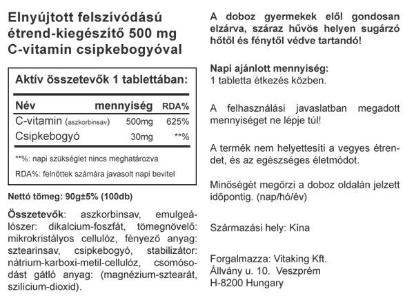 Vitaking 500mg C-vitamint és csipkebogyót tartalmazó RETARD tabletta - 100db 2 Vitaking 500mg C-vitamint és csipkebogyót tartalmazó RETARD tabletta - 100db - Image 2