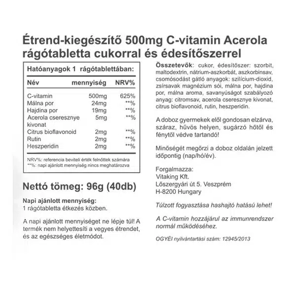 Vitaking Acerola C-500 komplex málnás rágótabletta - 40db 2 Vitaking Acerola C-500 komplex málnás rágótabletta - 40db - Image 2