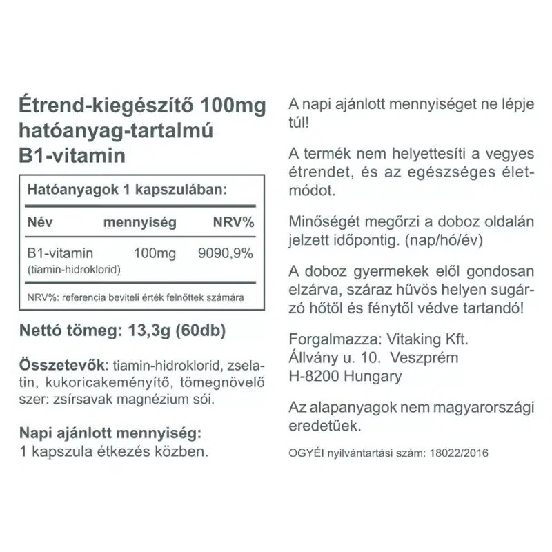 Vitaking B1-vitamin 100mg kapszula - 60db 2 Vitaking B1-vitamin 100mg kapszula - 60db - Image 2