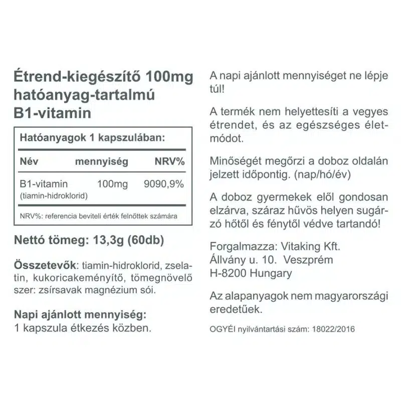Vitaking B1-vitamin 100mg kapszula - 60db 2 Vitaking B1-vitamin 100mg kapszula - 60db - Image 2