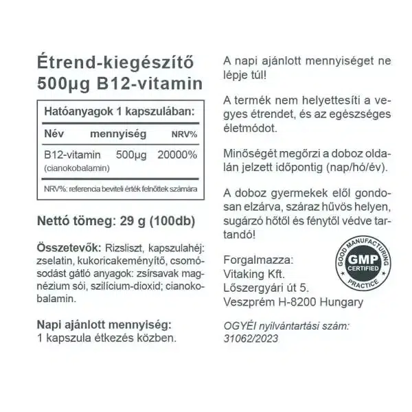Vitaking B12-vitamin 500mcg kapszula - 100db 2 Vitaking B12-vitamin 500mcg kapszula - 100db - Image 2