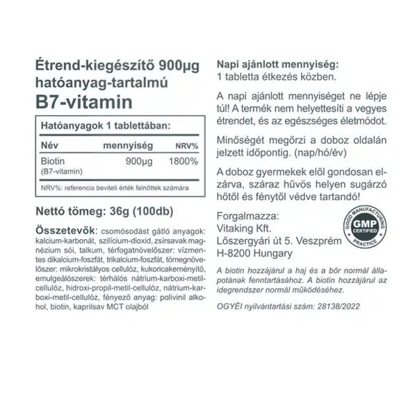 Vitaking Biotin 900mcg tabletta - 100db 2 Vitaking Biotin 900mcg tabletta - 100db - Image 2