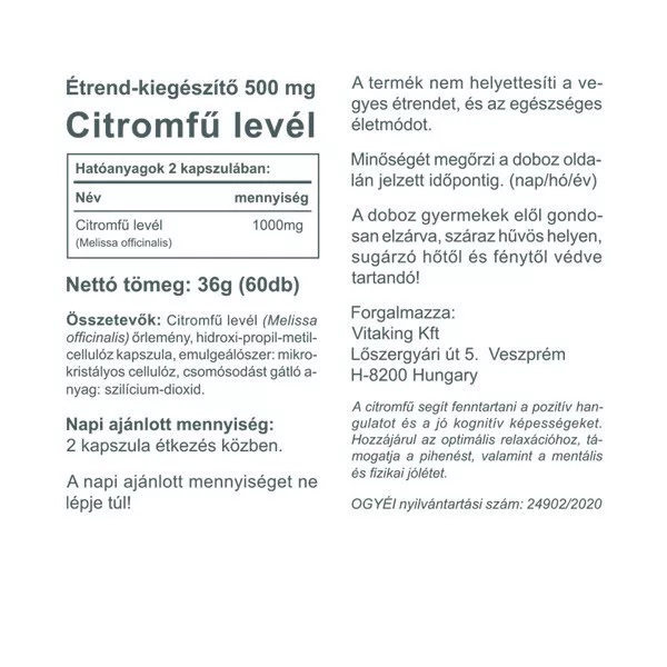 Vitaking Citromfű levél 500mg kapszula - 60db 2 Vitaking Citromfű levél 500mg kapszula - 60db - Image 2