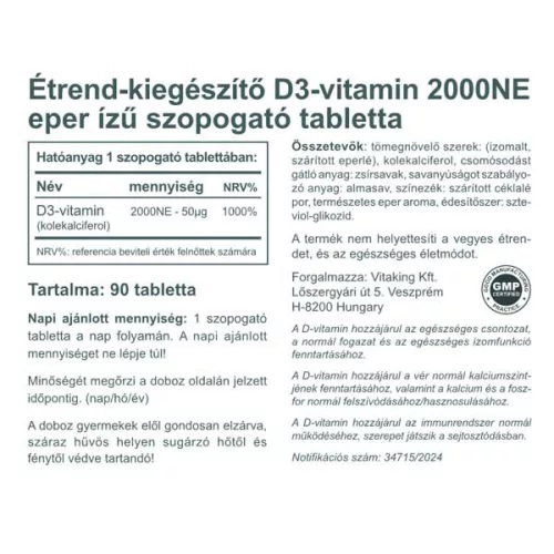 Vitaking D3-vitamin 2000NE epres ízű szopogató tabletta - 90db 2 Vitaking D3-vitamin 2000NE epres ízű szopogató tabletta - 90db - Image 2