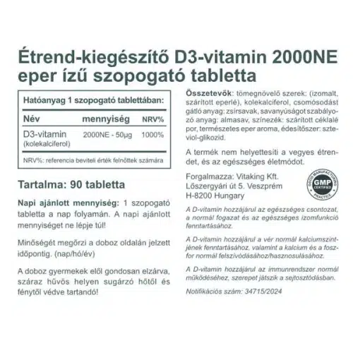 Vitaking D3-vitamin 2000NE epres ízű szopogató tabletta - 90db 2 Vitaking D3-vitamin 2000NE epres ízű szopogató tabletta - 90db - Image 2